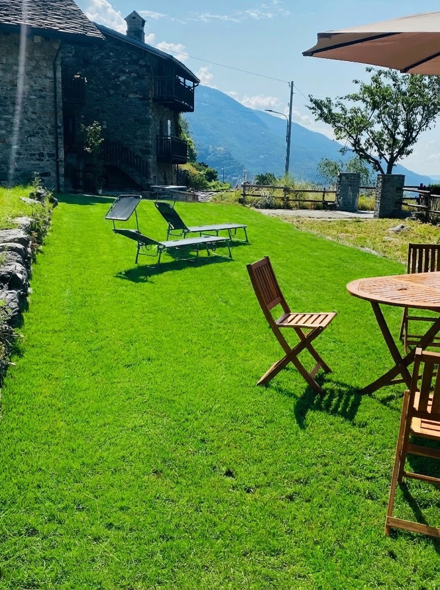 Giardino con lettini e vista montagne